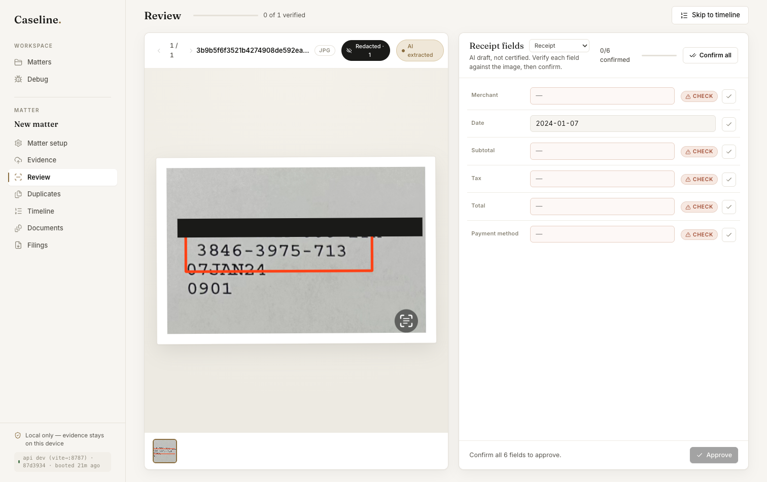 Trialstar verifying a receipt's typed fields beside the source image, with an account number hidden by a burned-in redaction